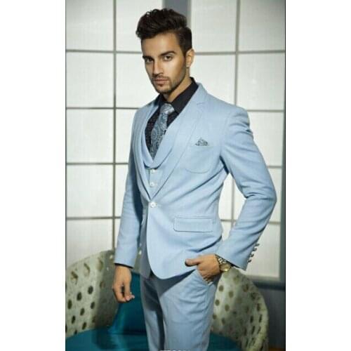 New Arrival Groom Tuxedo Groomsmen Baby Blue Wedding/Dinner/Evening Suits Best Man Bridegroom (Jacket+Pants+Tie+Vest) B10