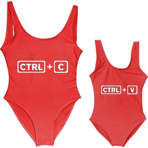 Famliy Matching Mother Daughter Swimwear CTRL+C & CTRL+V Mom Baby Girl One-Piece Bikini Print Backless Swimsuit Beachwear Bather