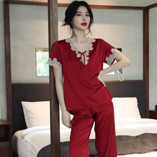 Short Sleeve Pajamas Suit Women 2PCS Pjs Sets Summer Comfy Nightwear Lace V-Neck Femme Sleepwear Casual Home Clothes Loungewear