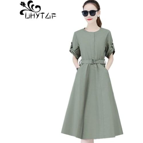UHYTGF Dress Women Short Sleeve High Waist Summer Dress O Neck Pullover Vintage Long Dresses Korean Loose 3XLPlus Size Clothes 1