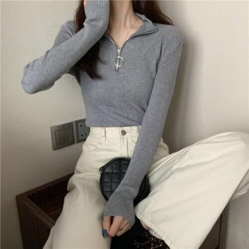 Pulls Femme Automne Hiver Pullover Basic Ribbed Sweaters Cotton Tops Knitted Solid Mock Neck Long Sleeve Top Women Sweater