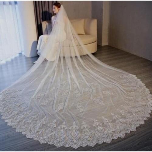Luxury Lace Sequins Wedding White Ivory Decal Veils Cathedral Long One Layer Bridal Wedding Veil With Comb