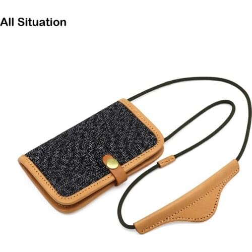 Luxury Hang Neck Wallet First Layer Cow Leather & Canvas Casual Credit Card Bag Fashion Small Purses Simple Key Pouch