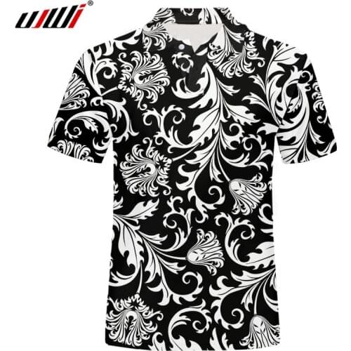 UJWI New Polo Shirts Man Casual Mens Polo Shirts Short Sleeve 3D Printing Floral Tops Black White Polo Shirt For Men Dropship