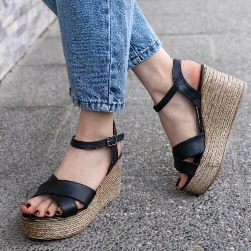 Açela Black Skin Wedges Sandals