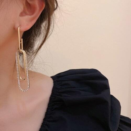 Unique Design Bling Rhinestone Paper Clip Earrings for Women Gold Color Metal Geometric Long Drop Earrings Exaggerated Jewelry