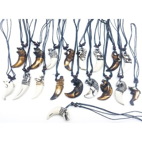 Vintage Lion Necklace Pendant Elephant Pendant Dolphin Necklace Pendant Cheetah Carved Bone Leather Wax Rope Necklace Neutral