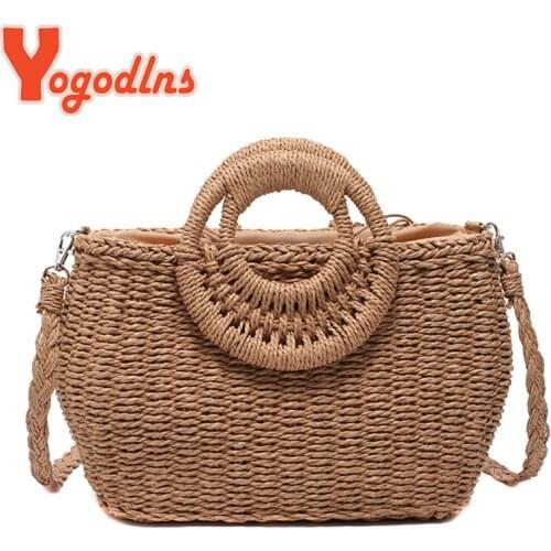 Yogodlns Summer Women Straw Beach Bag Handmade Crossbody Bag Raffia Circle Rattan Bags Bohemian Casual Woven Basket bags