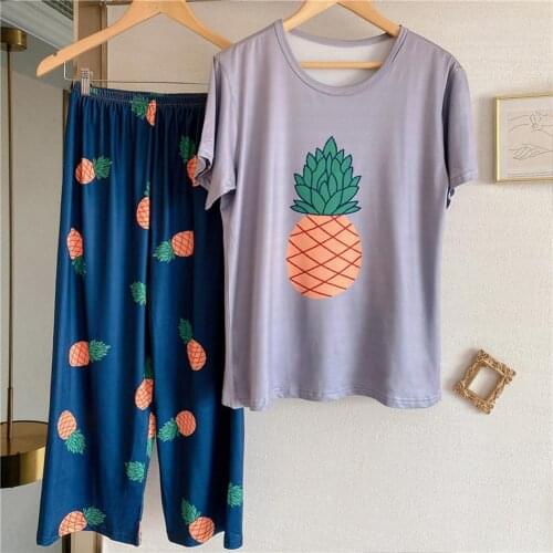 Women Pineapple Avocado Fruit Loose Short Sleeve T-shirt Top Pants Pajama Set Loose Short Sleeve T-shirt Top Pants Pajama Set Lo