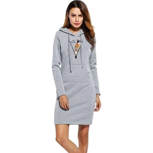 Women Hoodie Dresses Long Sleeve Solid Cat and Dog Print Casual Autumn Sports Long Dress Loose Female Fashion Women Clothing