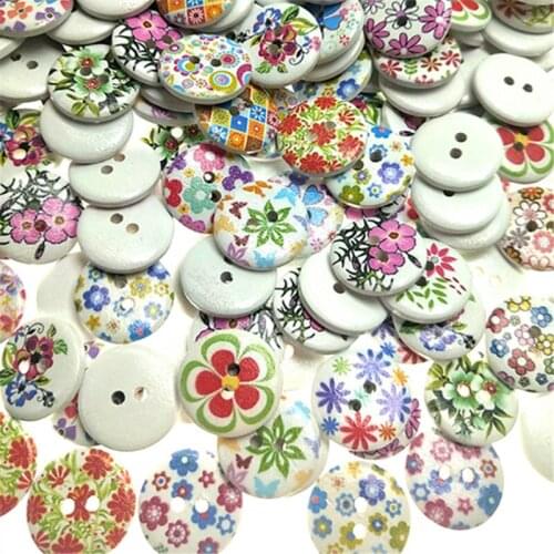 50pcs/pack 20mm 2 Holes Mixed Flower Round Natural Wooden Decorative Buttons For Sewing Scrapbooking Crafts