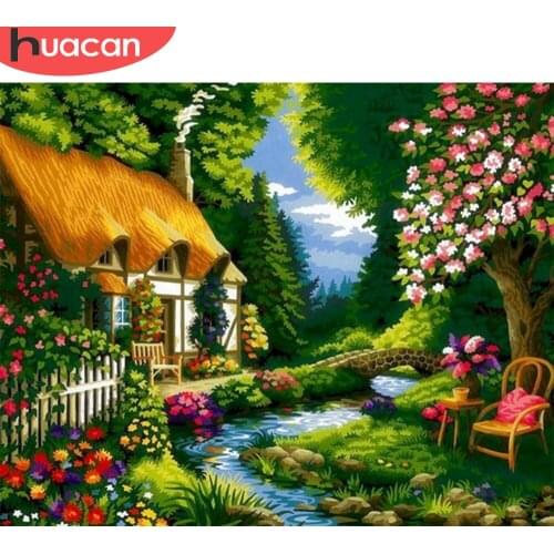 HUACAN DIY Frame Pictures By Number House Landscape Kits Painting By Number Spring Flower Drawing On Canvas HandPainted Art Gift