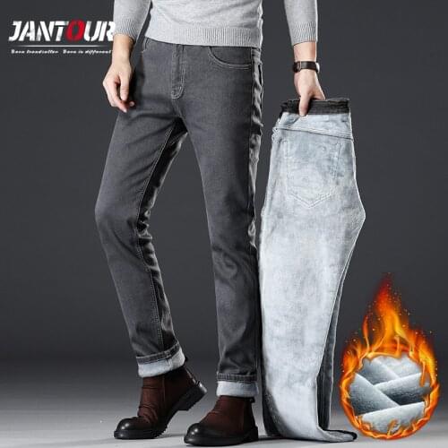 Jantour 2020 New Autumn And Winter Mens Thicken Fleece Jeans Business Casual Denim For Straight Stretch Pants Pants Male Gray