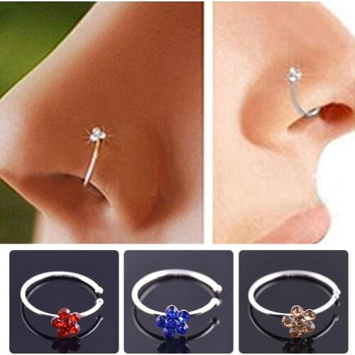 1Pcs Stainless Colorful Rhinestone Plum Clip On Nose Rings Fake Piercing Hoop Ring Fashion Girls Body Jewelry