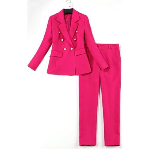 Set womens fashion professional double-breasted blazer and nine pants 2 sets of womens rose red slim suit pants two-piece