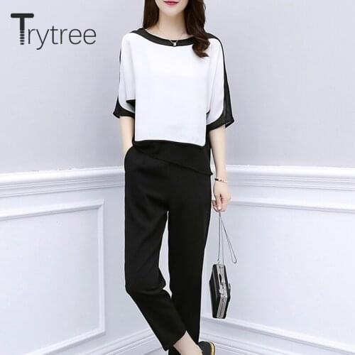 Trytree 2020 Autumn Women Two Piece Set Casual O-neck Patchwork Loose Tops + Pants Solid Fashion Elastic Waist Set 2 Piece Set