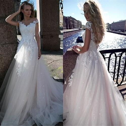 Blingbling Tulle Skirt Backless Applique Lace Wedding Dress With Cap Sleeve vestido de noiva 2021 Bridal Gowns