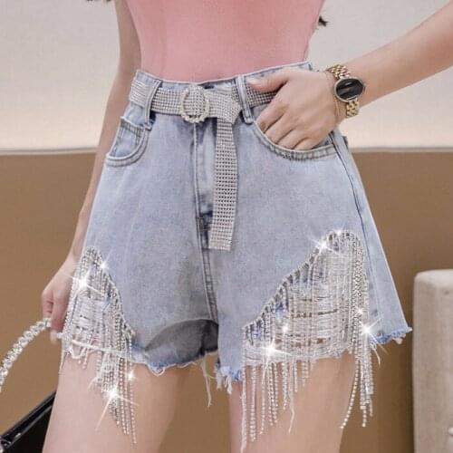 Summer Spring Womens High Waisted Ripped Hole Rhinestone Chain Tassel Denim Shorts , Wide Leg Blue Jeans Shorts for Woman