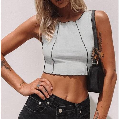 Hot Line Decor Stretch Cropped Tank Top Women Summer Casual Wild Round Neck Stitching Rib Knit Slim Fitting Cargo Vest