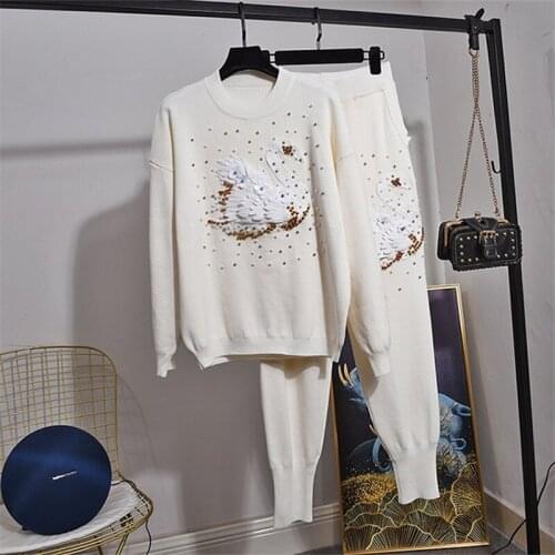 Autumn Fashion White Knitted Tracksuit Women Two Piece Outfits Beading Pullover Sweater Casual Pants Set Female Loose Knit Suit