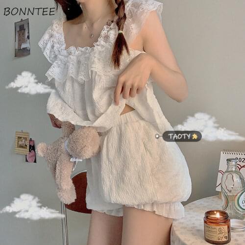 Pajama Sets Women Cozy Sleepwear Chic Square Collar Kawaii Preppy Style Femme Sleeveless Summer Two Piece Lace Solid Outerwear