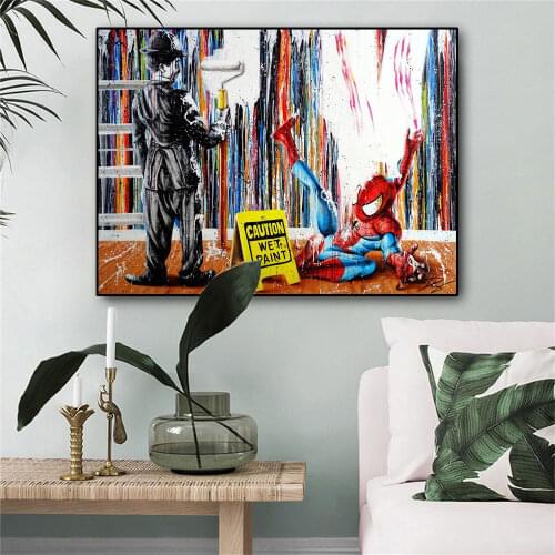 Disney Posters and Prints Graffiti Art Painting on Canvas Wall Art Funny Spiderman Slipped by Paint Pictures for Room Home Decor