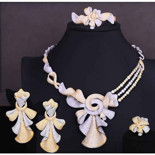 Blachette Luxury 4PCS Jewelry Nigerian CZ Flower Bangle Ring Necklace Dangle Earrings for Women Bridal Wedding Jewelry Sets
