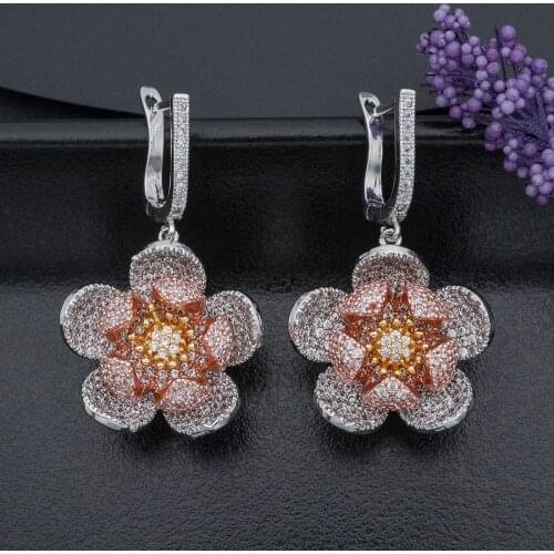 Newness High Quality Cubic Zircon Three Tones Gold Flower Dangle Earrings For Women Wedding Party Jewelry Gift