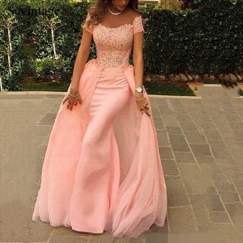 Sevintage Elegant Mermaid Short Sleeve Lace Prom Dresses Off the Shoulder Evening Gowns Over Skirts African robe de soiree 2020