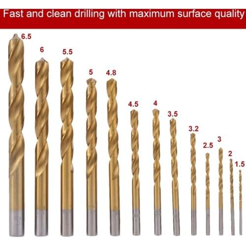 HOEN 13pcs/set HSS Titanium Coated Drill Bits Round Shank Twist Drill Bits 1.5mm-6.5mm Drill Bits Woodworking