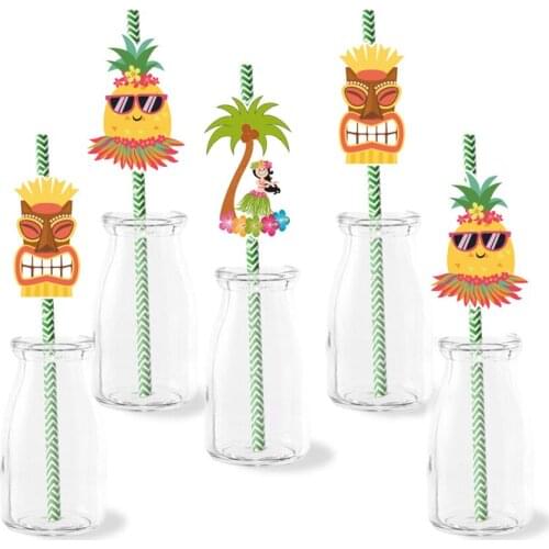 Tropical Hawaii Party Straws Cartoon Pineapple Disposable Paper Straws Kids Birthday Party Decoration Baby Shower Party Supplies