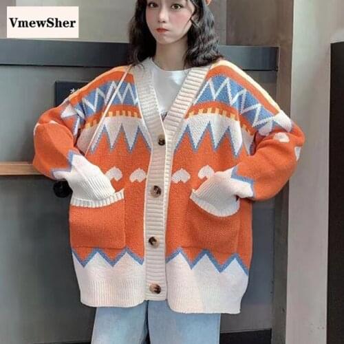 VmewSher New Spring Autumn Women Sweater Cardigan Long Sleeve V Neck Single Breasted Female Pockets Argyle Knitted Coats Loose