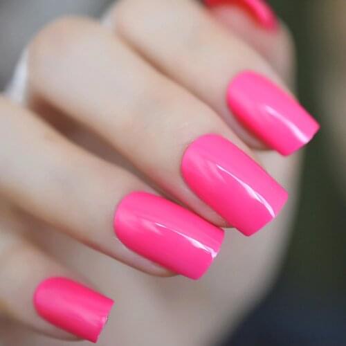 Hot Pink Rose Fake Nails UV Effect False Nails Square Candy Color Faux Ongles Full Tips for Nail Art Manicure Accessories