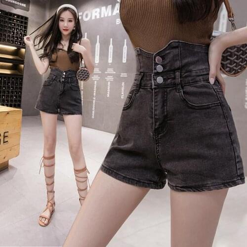 2021 Spring Summer Fashion Solid Black Blue Single Breasted Denim Shorts Women Elasticity High Waist Wide Leg Jeans Shorts Y741