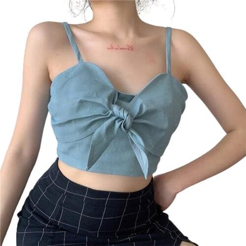 2021 Fashion Trend Women Bowknot Crop Tank Top Stylish Sleeveless Solid Color V Neck Summer Casual Fitting Camisole Sun-Tops