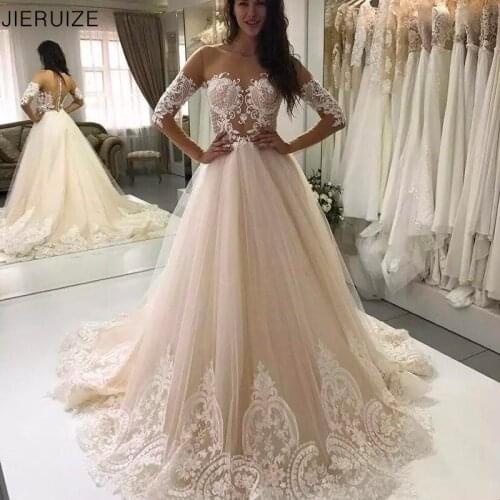 JIERUIZE Lace Appliques Luxury Wedding Dresses A-line Sheer Long Sleeves Buttons Wedding Bridal Gowns estido De Novia