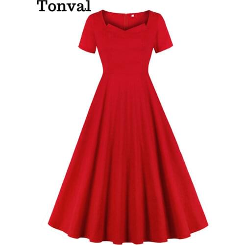 Tonval Red Elegant High Waist Women Long Dress Short Sleeve 50s Vintage Party Clothes Ladies A Line Cotton Retro Dresses
