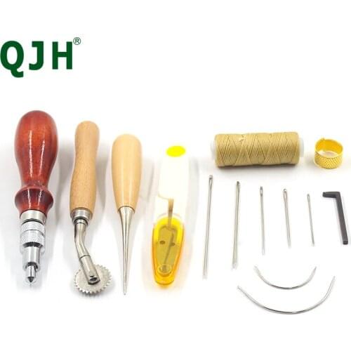 DIY Leather Craftwork Tool Set Leather Groover Straight Punch Awl Wax Thread Sewing Needles Tape Scissor Finger Protect Cap 13pc