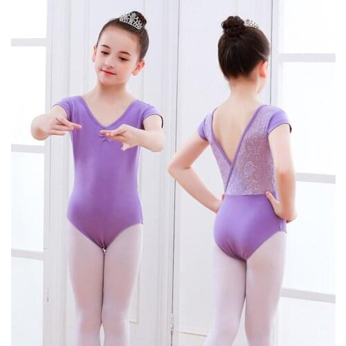 Ballet Leotards for Girls Full Lining Stretch Lace V Back Gymnastics Leotards Short Sleeve Dance Leotard classical dance costume