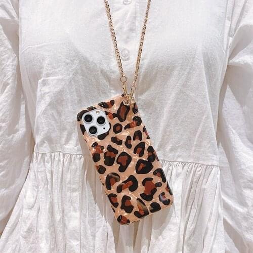 Leopard Case for IPhone 11 pro Max X 6 S 6s 7 8 Plus XR XS MAX Case Shell Soft Phone Case Strap Cord Metal Chain Necklace Cover