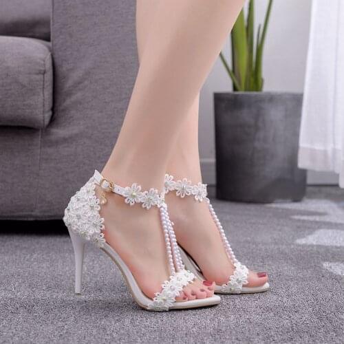 Flower High Heels Women Sandals Lace Wedding Shoes Bride White Pearl Pumps Ankle Strap Open Toe Stiletto