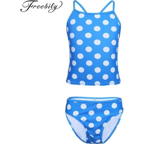 Kids Teens Girls Two-piece Tankini Bikini Swimsuit Polka Dots Printed Swim Tops Briefs Set Children Swimming Bathing Suits