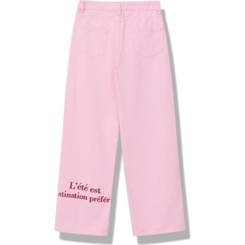 Denim Trouser Pink Baggy Fashion Straight Pants Jeans Womens Jeans 2021 New Letter Embroidery Streetwear High Waist Wide Leg