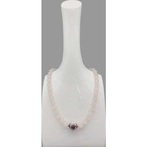 FoLisaUnique 10mm Rose Quartz Necklace For Women 18mm Pink Enamel Bead Antique Silver Ball Healing Stone Trendy Jewelry 18 Inch