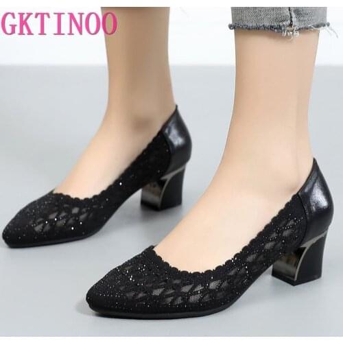 GKTINOO 2021 New Summer Fashion Pumps Cut-outs Women Crystal Casual Ladies Shoes High Heels Tenis Feminino Genuine Leather