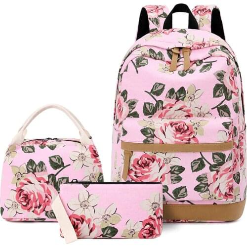 Canvas Floral School Backpack Set Lightweight Teens Girls Kids School Bags Children Bookbag Student Shoulder Bag Rucksacks
