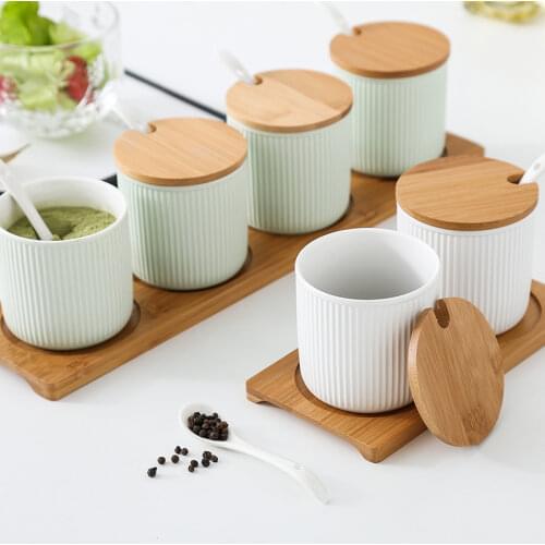 Ceramic Condiments Jar Household Seasoning Box Wooden Tray Spice Jar Soy Sauce Pot Salt Sugar Single Can Kitchen Seasoning Tool