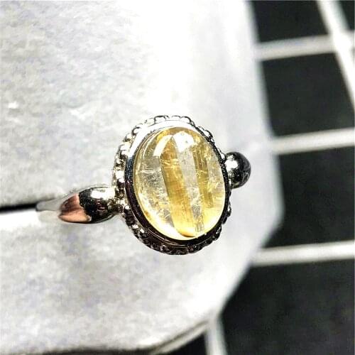 Real Natural Gold Rutilated Quartz Ring Jewelry For Woman Lady Man Crystal 11x9mm Beads Silver Gemstone Adjustable Ring AAAAA