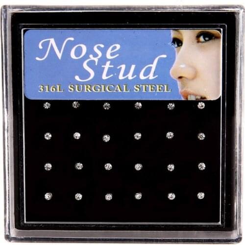 24pcs Crystal Nose Ring & Studs Fashion Body Women Girl Jewelry Stainless Surgical Steel Nose Piercing Colorful Rhinestone