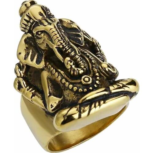 Valily Jewelry Mens Large Hindu Elephant God Ring Stainless Steel Vintage Fashion Gothic Tribal Punk Biker gold Black Ring Men